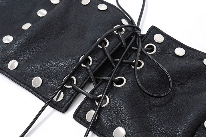 WhereMery Gothic PU Leather Bandage Tank Top Y2K Sexy Multi Rivet Backless Crop Tops 2024 Summer Punk Rock Evening Club Camisole