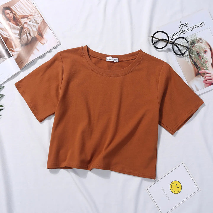 2024 Summer Short Sleeve T Shirts Women Cotton Solid T-shirt O Neck High Waist Crop Top Tee Female Casual Loose T Shirt