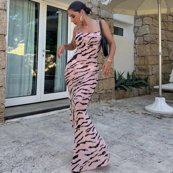 DGLUKE Zebra Long Beach Dress Cover-Up Sexy Transparent Mesh Maxi Dress Cut Out Bodycon Summer Holiday Vacation Dress Women 2024