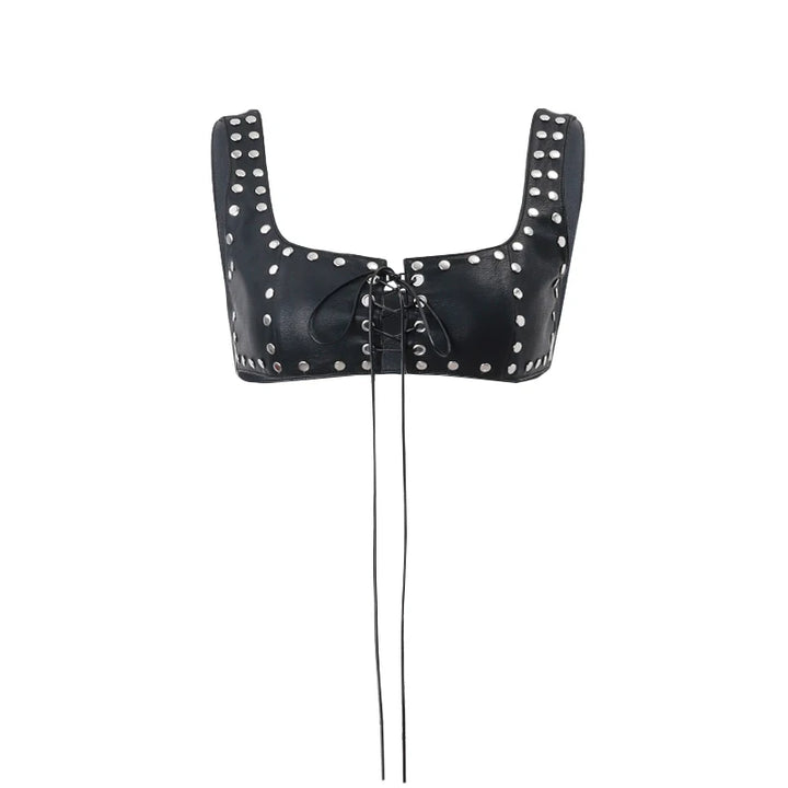 WhereMery Gothic PU Leather Bandage Tank Top Y2K Sexy Multi Rivet Backless Crop Tops 2024 Summer Punk Rock Evening Club Camisole