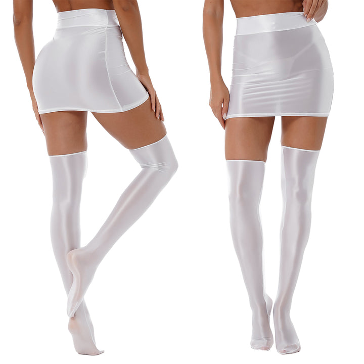 Womens Glossy Nightclub Outfit Shiny High Waist Mini Skirt with Stockings Set Rave Party Cheer Booty Workout Pole Dance Clubwear