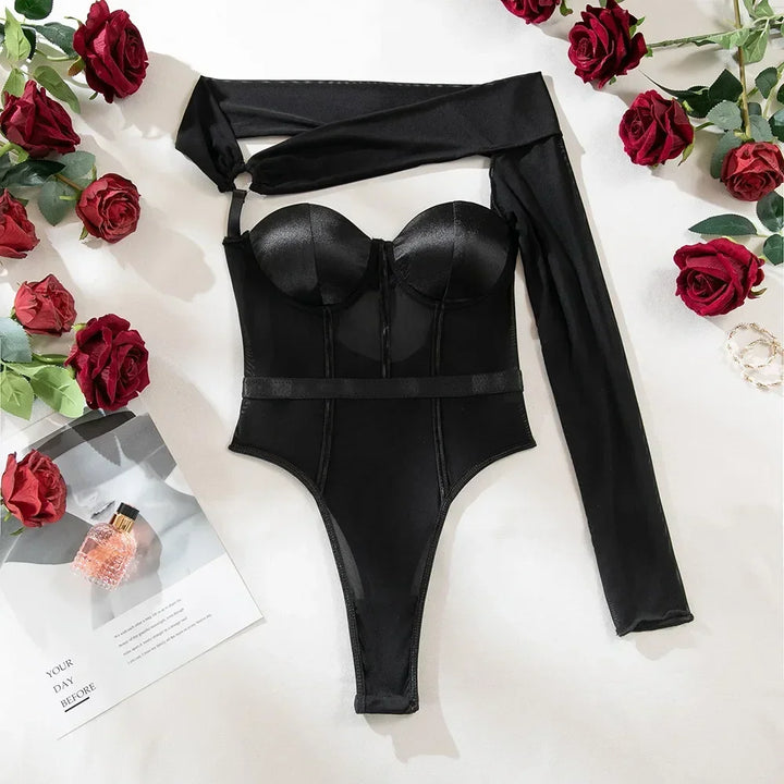 Lady Sexy Single Shoulder Sleeve Shapewear Chest Gathered Cotton Splicing Mesh Underwear Women's Black Hollow Backless Jumpsuit