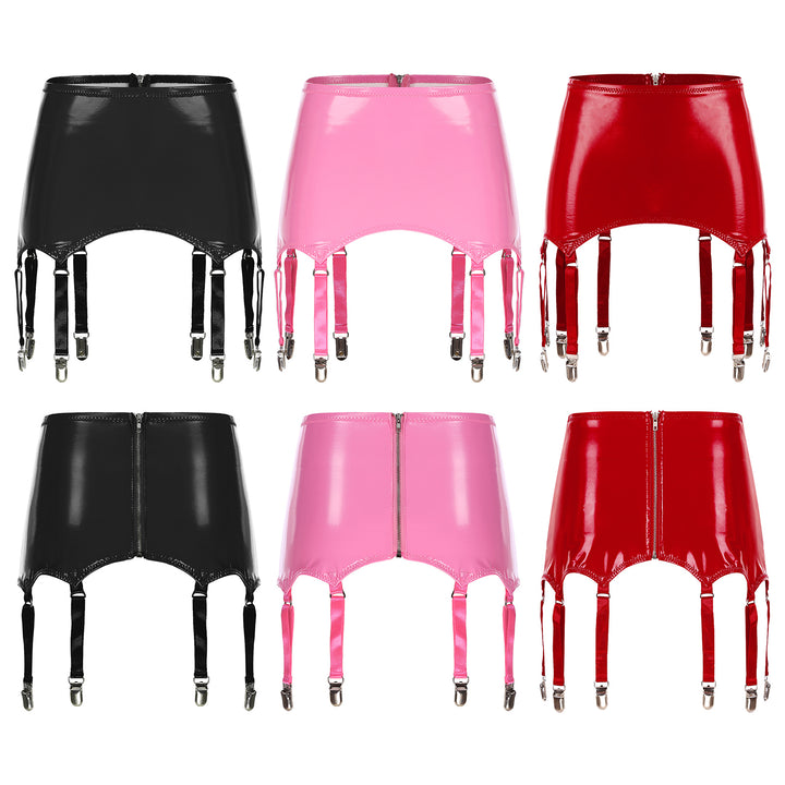 Womens Garters Suspender Belt Skirts Ladies Wet Look Patent Leather Garters with Metal Clips Clubwear Costume Underwear