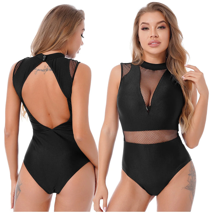 Ballet Dance Leotard Womens Adult Mesh Splice Gymnastics Bodysuit Dancewear One-Piece Backless Training Costume
