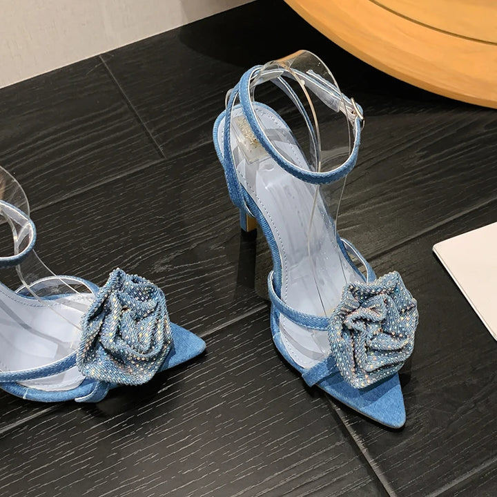 Aneikeh 2025 Fashion Denim Buckle Strap High Heels Women's Sexy Pointed Open Toe Crystal Flower Slim Heel Sandals Party Dress