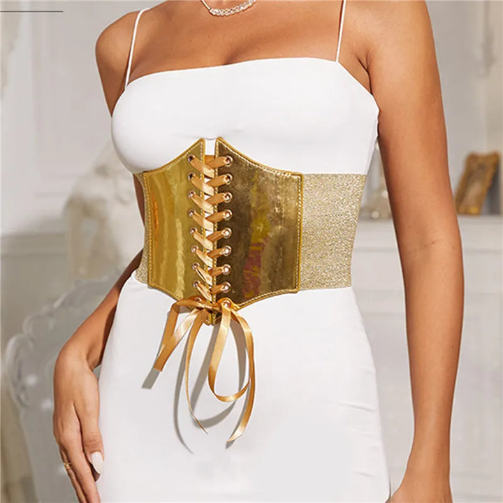 Goth Gothic Clothing Underbust Corset Women Belts Elastic Wide Bright Leather Golden Corsets For Waist Trainer