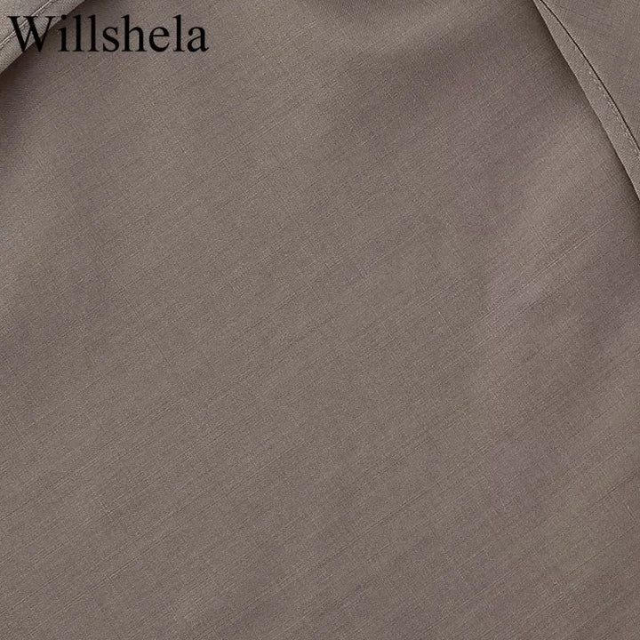 Willshela Women Fashion Two Piece Set Brown Pleated Halter Neck Tops & Straight Pants Vintage Female Chic Lady Pants Suit