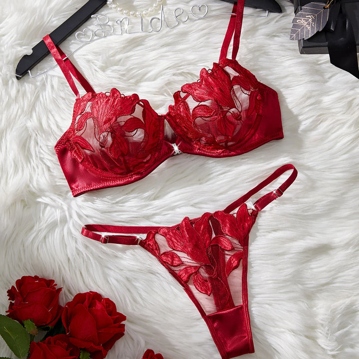 Floral Embroidery Sexy Lingerie Set Women Transparent Bralette Underwire Push Up Bra Panty 2 Piece Set