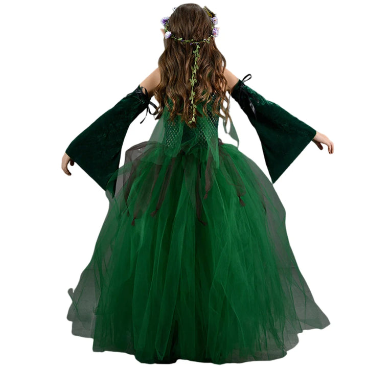 Kids Girls Elf Cosplay Tutu Dance Skirts Costume Children Roleplay Dress Up Performence Stage Dress Elf Earrings Halloween Cloth