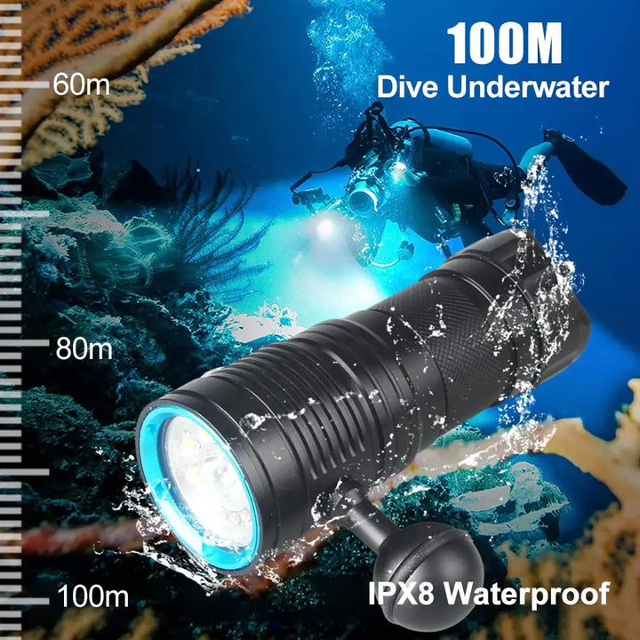 80W Professional Underwater 100M 10LED Diving Photography Fill Light Waterproof IPX8 White+Red+Blue Scuba Diver Snorkeling Torch