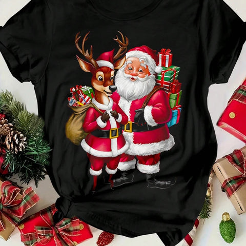 2025 New Women's Santa Claus Print T-shirt Round Neck Short Sleeved Christmas T-shirt Oversized Unisex Casual Women's T-shirt