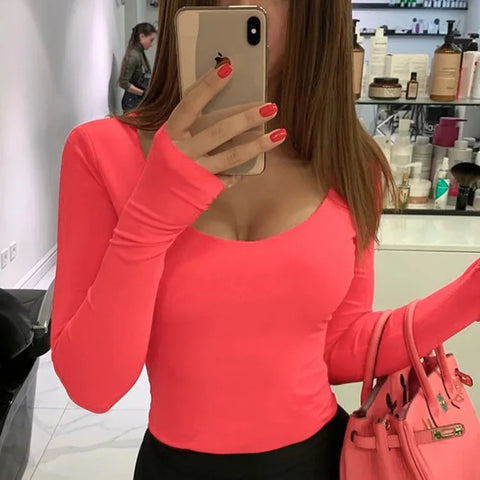 Orange Neon Bodysuit Women Long Sleeve Bodycon Sexy Autumn Winter Streetwear Club Party Outfits Casual Female Clothing