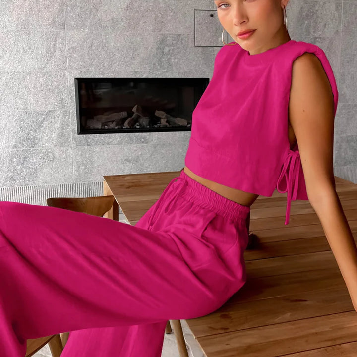 Spring Summer 2025 Women Holiday Linen Pant Set Crop Tops Solid Outfits 2 Two Piece Matching Set For Women