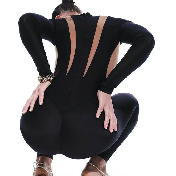 Huhugirl Sexy Mesh Patchwork Rompers Women Jumpsuits Fashion O Neck Long Sleeve Skinny Black Jumpsuits Female One Piece Overalls