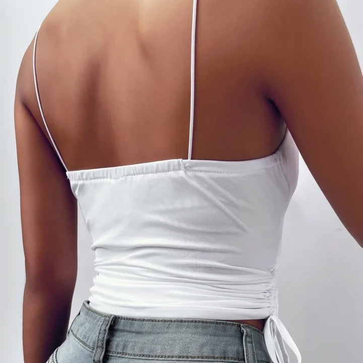 Women's Solid Tank Top V Neck Camisole Cami Drawstring Spaghetti Strap Top Sleeveless Blouse Tank Shirt New Summer Crop Top
