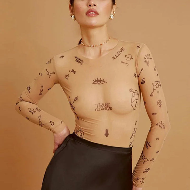 Sexy tight-fitting one-piece Top Women Long-Sleeved Bodysuits O-Neck Basic Party Wear Print Summer Wild Slim Bodysuits