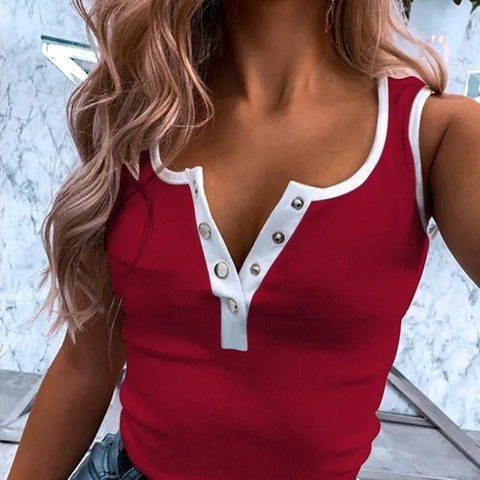 Vintage Vest Women Button Solid Color Patchwork Sleeveless Tops Summer Casual Slim T-Shirt