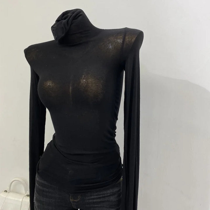 Thin Soft American Long Sleeve T-shirt High Stacked Neck Tight Perspective Bottom Shirt Women's Slim Fit Tops Sexy Streetwear