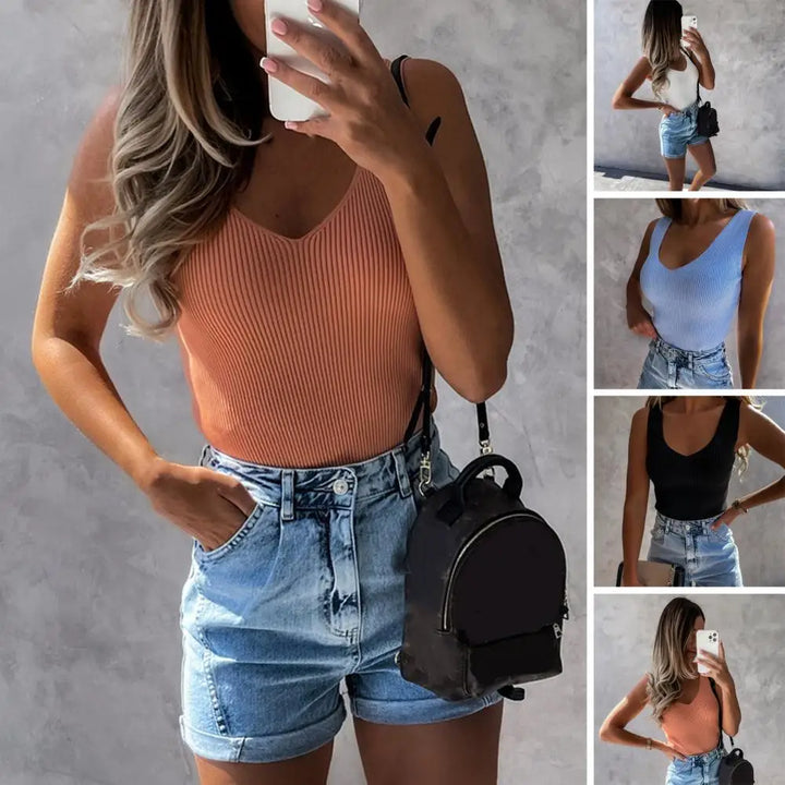 Women Tank Top Ribbed Sleeveless Skinny V Neck Summer Streetwear Knitted Female Basic Casual Camisole T-Shirt Ladies Clothes