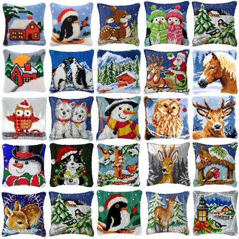 Winter Series Latch Hook Kit Mats Cushion Pillow Crafts Animal Christmas Needlework Button Package Cushion Embroidery Latch Hook