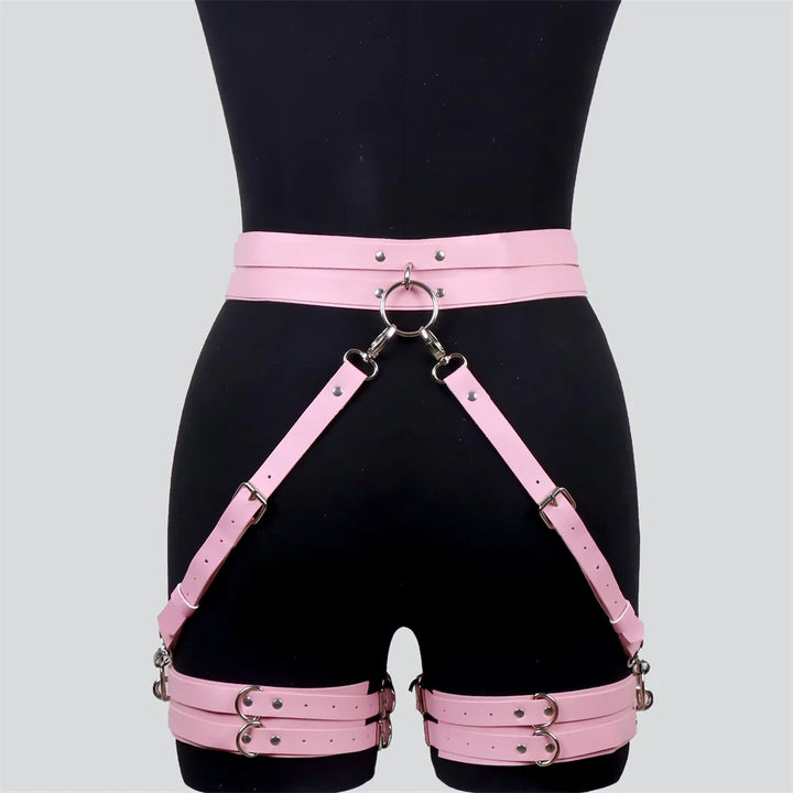 Pink Gothic Handmade PU Leather Harness Belts Fashion Faux Leather Cage Leg Waist Belt Body Strap Waist Belt Cincher Harajuku