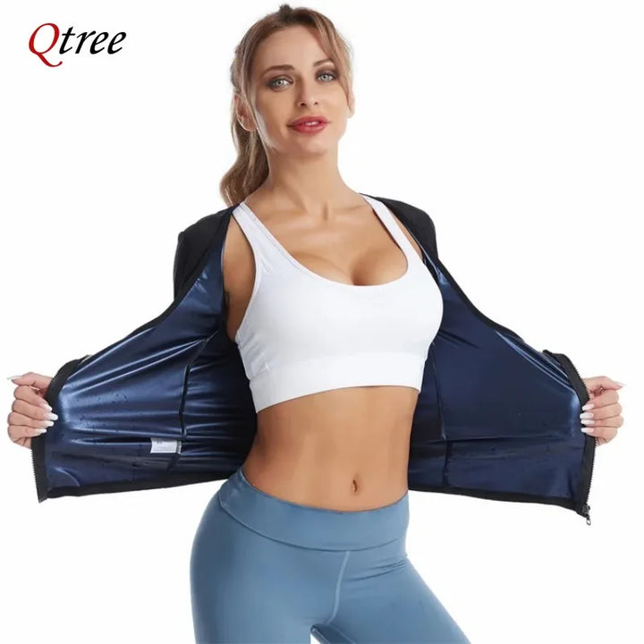 Qtree Sauna Suit Shirt for Women Weight Loss Sweat Jacket Long Sleeve Slimming Body Shaper Fitness Zipper Workout Waist Trainer
