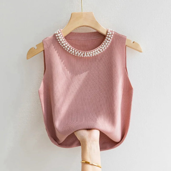Knitted Vests Women Korean Top Solid Tank Blusas Mujer De Moda Summer New Fashion Female Sleeveless Beading Casunal Thin Tops
