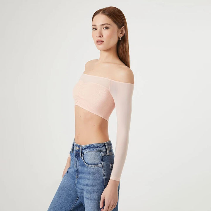 Sexy Black T-shirt Women Autumn New Streetwear Long Sleeves Slash Neck Simple Tees Casual Fashion Mesh Patchwork Basic Crop Top