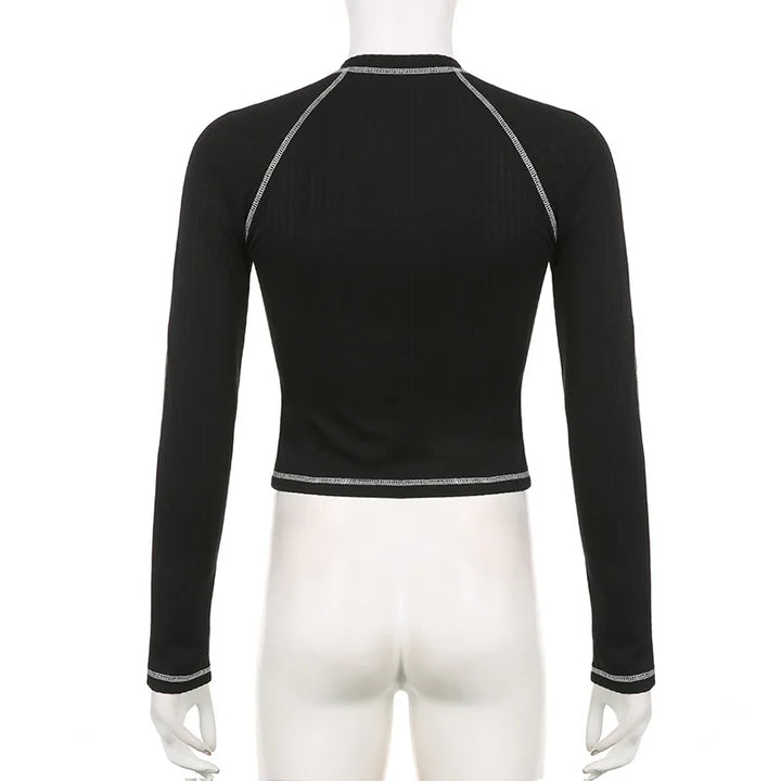 Black Sexy Women's Tees Autumn Fashion New Streetwear Bodycon Casual Basic T-shirt Female Long Sleeves Print O-Neck Y2K Crop Top