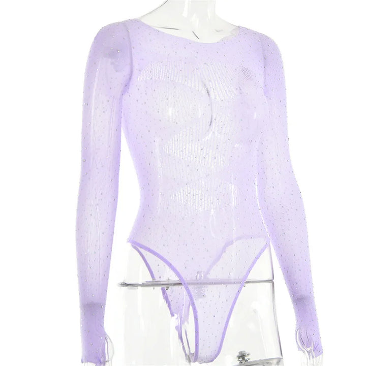 Fantoye Sexy Mesh Transparent Long Sleeve Skinny High Stretch Hollow Out Solid Thin Female Bodysuit Club Wear New Hot