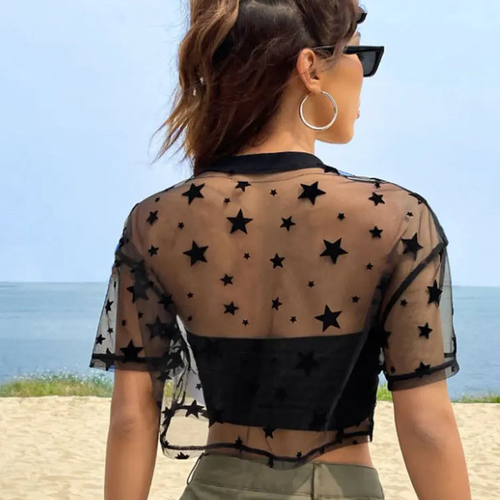 Summer Outfits Star Print Drop Shoulder Crop Mesh Top Without Camisole