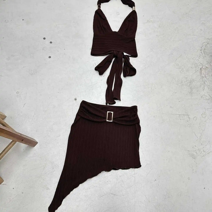 Purple Skirts Two Piece Sets Summer Holidays Party Outfits 2025 New Sexy Halter V-neck Tops and Irregular Mini Skirts Suits