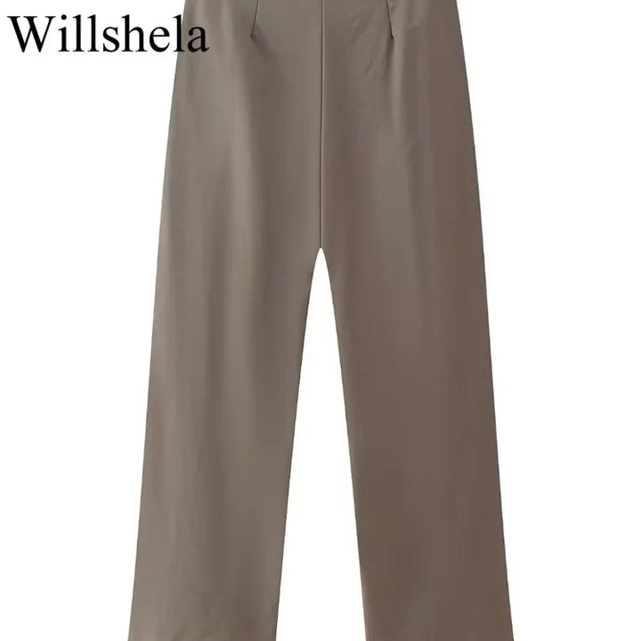 Willshela Women Fashion Two Piece Set Brown Pleated Halter Neck Tops & Straight Pants Vintage Female Chic Lady Pants Suit