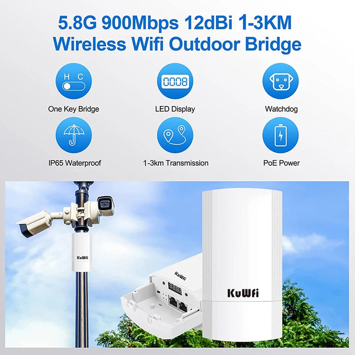 KuWFi 5.8G 900Mbps CPE Bridge Outdoor Waterproof Wireless WiFi Bridge AP Repeater Router PTP Up to 1-3KM with WAN LAN 24V POE