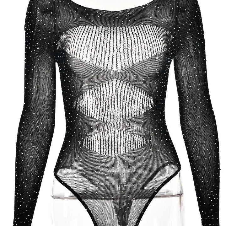 Fantoye Sexy Mesh Transparent Long Sleeve Skinny High Stretch Hollow Out Solid Thin Female Bodysuit Club Wear New Hot
