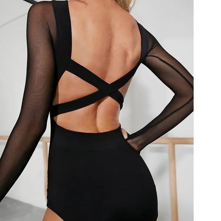 Women Latin Dance Body Top Black Mesh Conjoined Backless Cross Belt Pair It with Dance Dress Lingerie Training Performance
