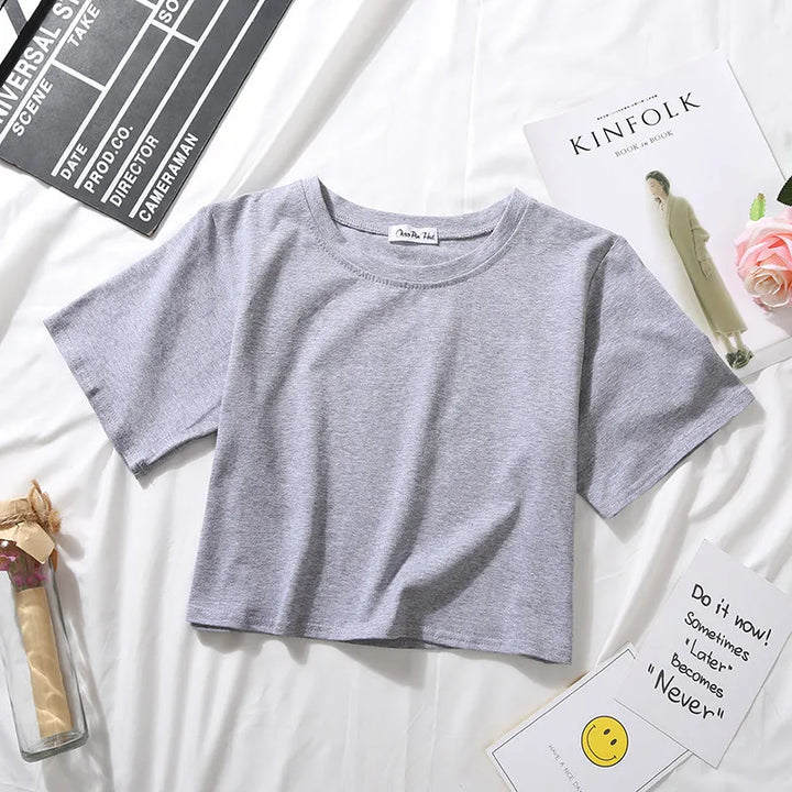 2024 Summer Short Sleeve T Shirts Women Cotton Solid T-shirt O Neck High Waist Crop Top Tee Female Casual Loose T Shirt