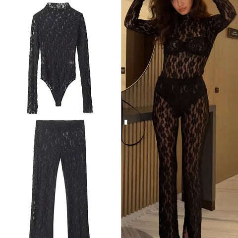 TRAFZA Womens Lace Pants Sets Slim Jumpsuits Top + High Waist Trousers Sexy Lady Floral Lace Translucent Y2k Bodysuit Suits