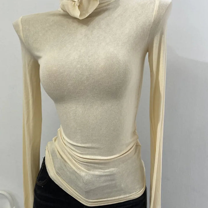Thin Soft American Long Sleeve T-shirt High Stacked Neck Tight Perspective Bottom Shirt Women's Slim Fit Tops Sexy Streetwear
