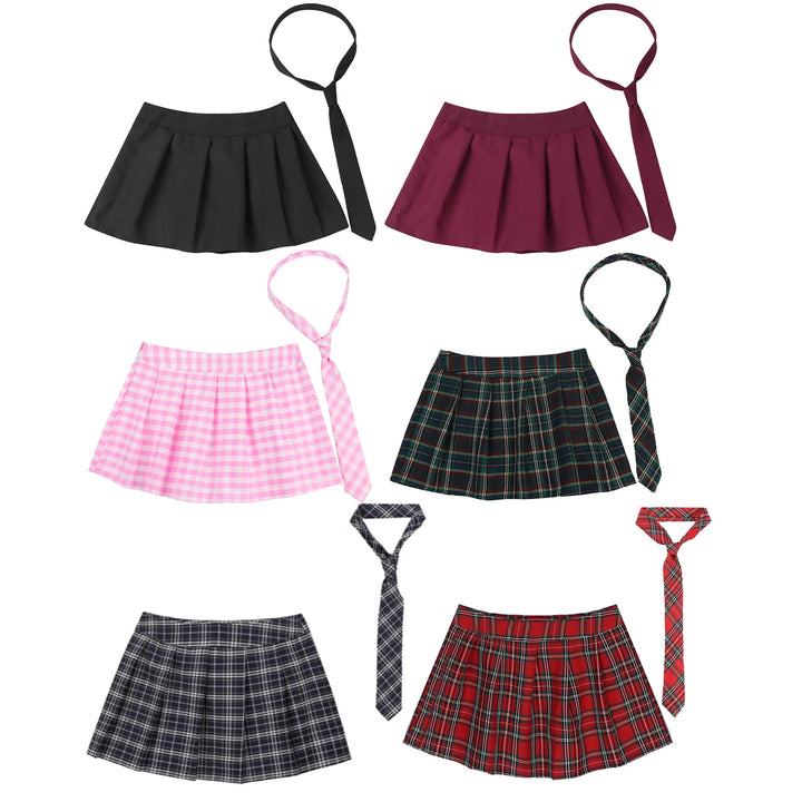 Womens Plaid Pleated Skirts With Necktie Harajuku Mini Japanese Preppy Schoolgirls Uniforms Kawaii Skirts Ladies Cosplay Costume