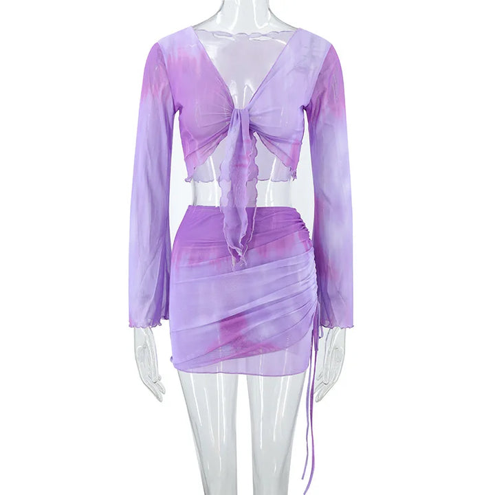 Fashion V-Neck Flare Sleeve Tie Dye Tops Mini Skirt Suit Women Mesh Tees Lace Up Skirts New Summer Female 2 Piece Set Outfits