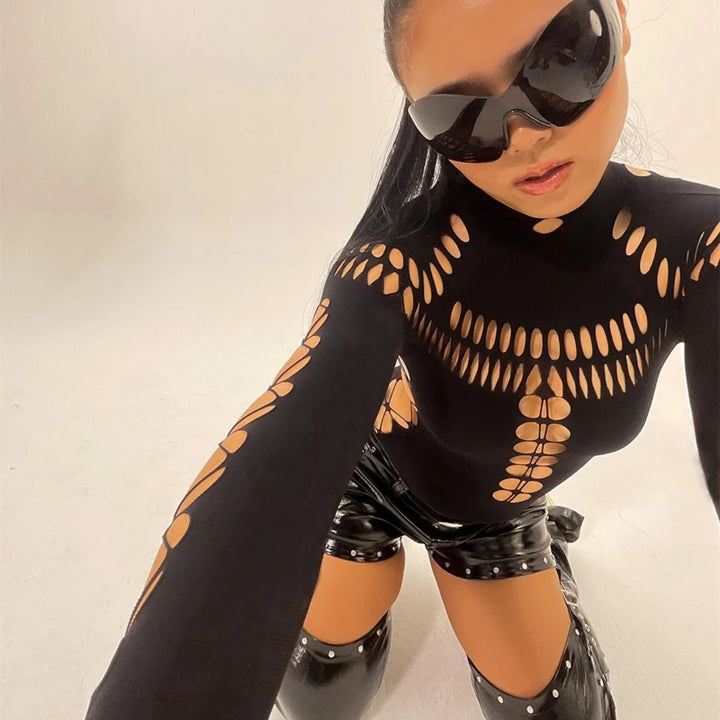 Candyhot Sexy Hollow Out High Collar Bodysuit Bodycon Y2K Long Sleeves Fashion T Shirts Women Gothic Punk Streetwear Bodysuits