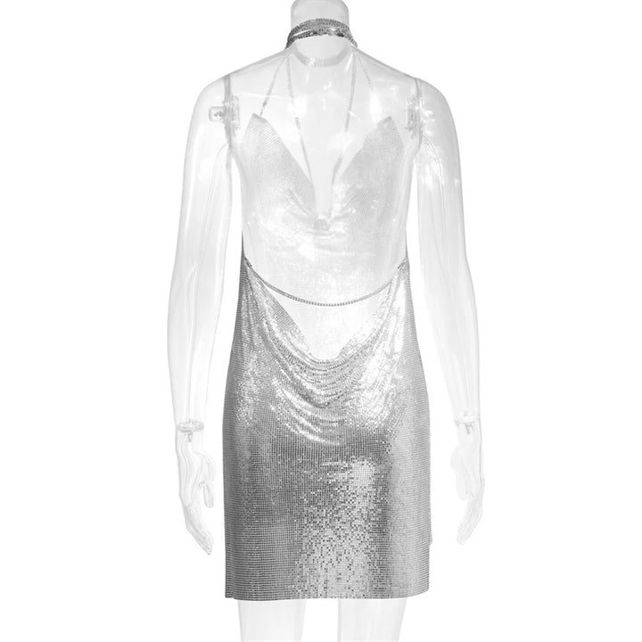 Sexy Silver Sequin Mini Dress For Women Sleeveless Metal Body Chain Party Dress 2024 Women Backless Split Evening Y2K Vestidos