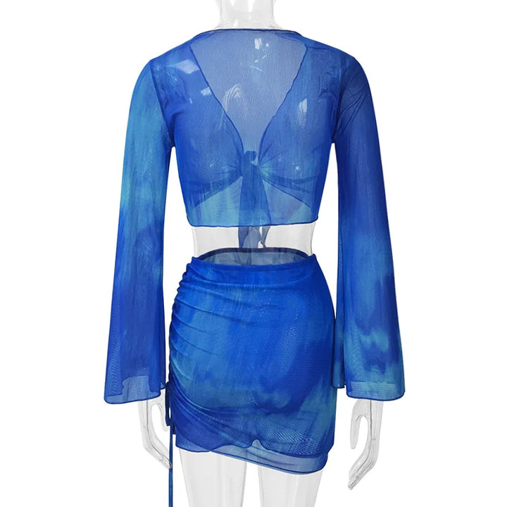Fashion V-Neck Flare Sleeve Tie Dye Tops Mini Skirt Suit Women Mesh Tees Lace Up Skirts New Summer Female 2 Piece Set Outfits