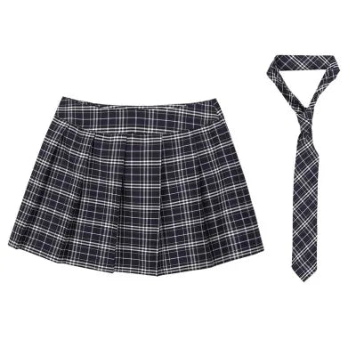Womens Plaid Pleated Skirts With Necktie Harajuku Mini Japanese Preppy Schoolgirls Uniforms Kawaii Skirts Ladies Cosplay Costume