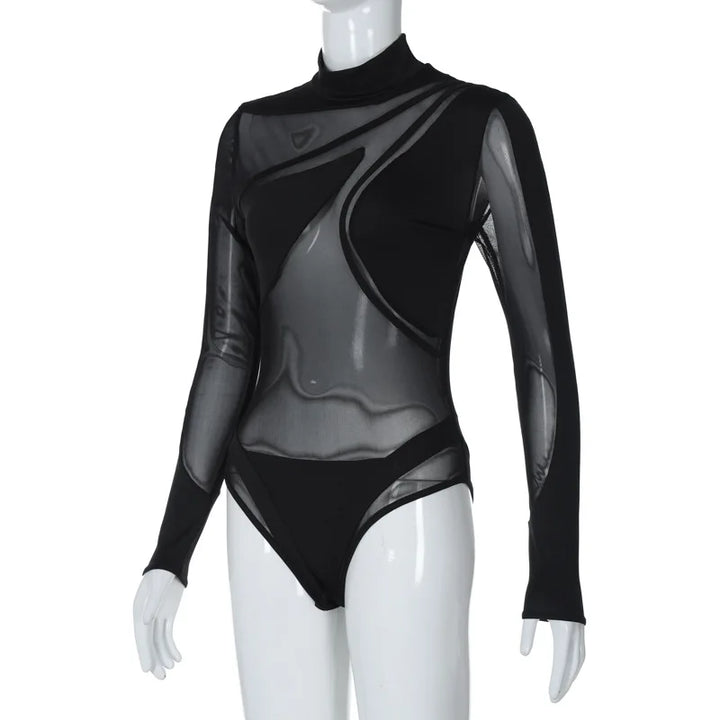 Women Sexy Sheer Mesh Bodysuit Street Clubwear Long Sleeve Turtleneck Patchwork Slim Fit Leotard Tops Fashion Bodysuits