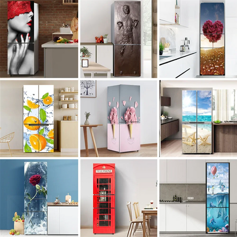Vintage Self Stick Fridge Wrap Human Flower Beach Vinyl Door Mural Sticker For Refrigerator Peel and Stick Removable Wrap Decal