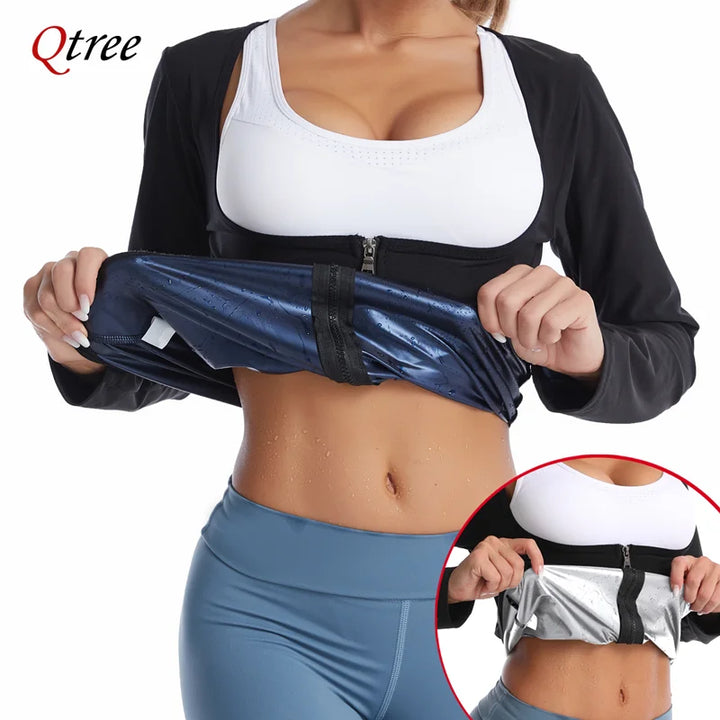 Qtree Sauna Suit Shirt for Women Weight Loss Sweat Jacket Long Sleeve Slimming Body Shaper Fitness Zipper Workout Waist Trainer