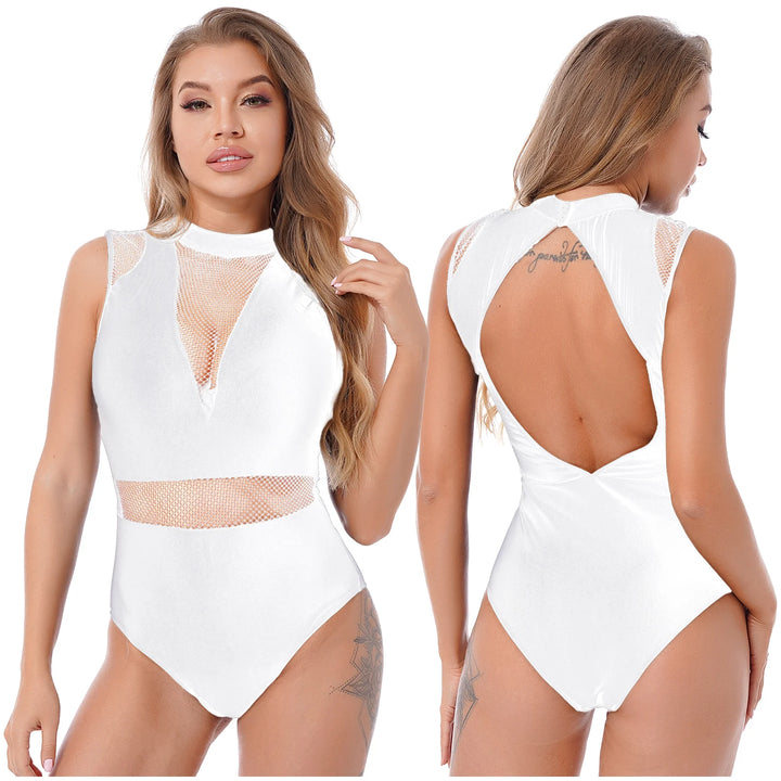 Ballet Dance Leotard Womens Adult Mesh Splice Gymnastics Bodysuit Dancewear One-Piece Backless Training Costume