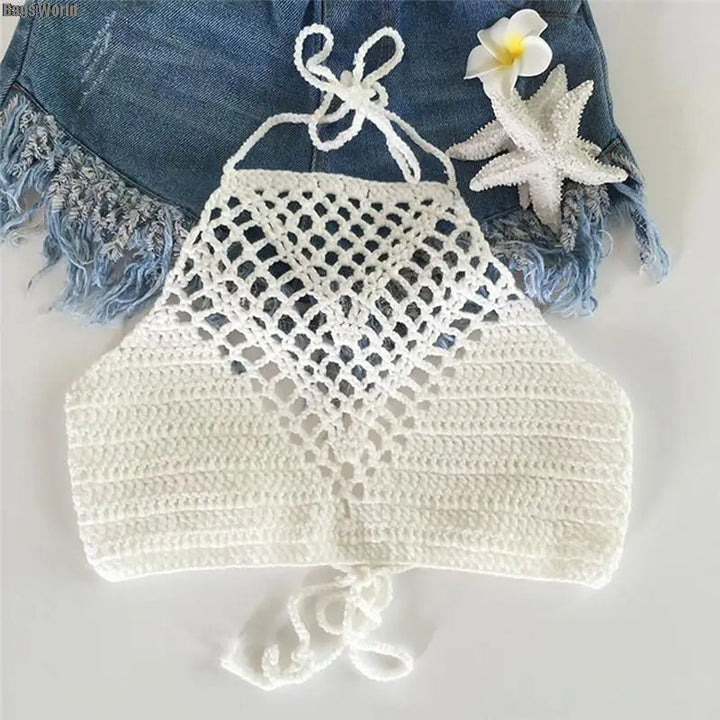 1X Women Summer Short Vest Sexy Hollow Out Plain White Halter Vest Strap Crop Tops Crochet Bikini Tank Tops Shirt